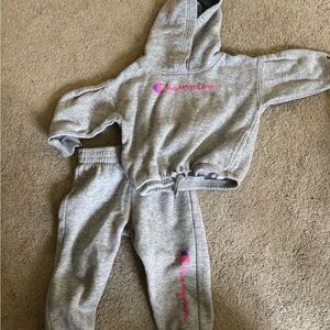 Champion Kids Gray Sweatpants and Hoodie Set with Pink Logo